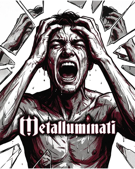 Shirt design: a screaming figure, hands to his head, over the Metalluminati wordmark