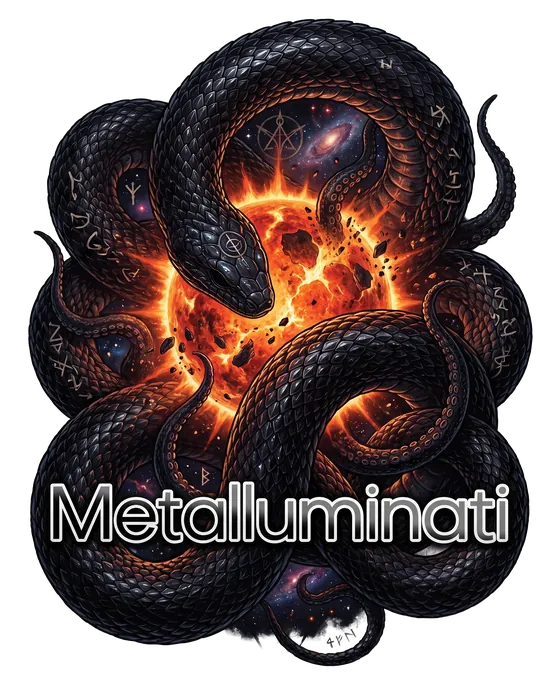 Shirt design: a coiled serpent around a burning core, with the Metalluminati wordmark